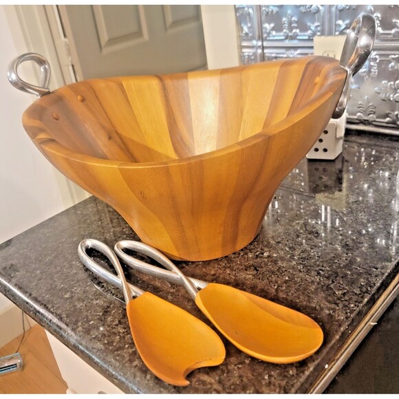 Luxury Nambe Acacia Wood Large Salad Serving Bowl Fork & Spoon Silver Accents - Picture 2 of 16